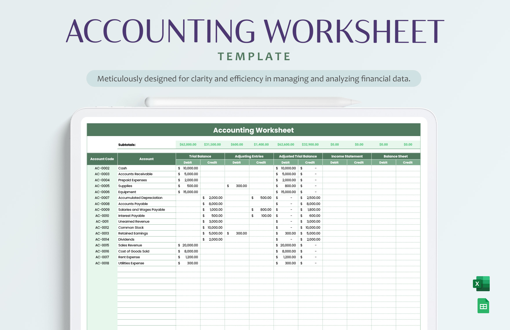 Accounting Worksheet Template in Excel, Google Sheets - Download | Template.net