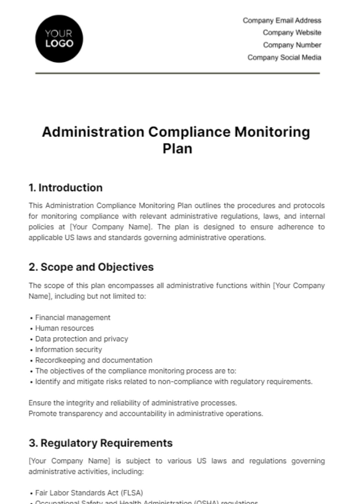 Administration Compliance Monitoring Plan Template - Edit Online & Download