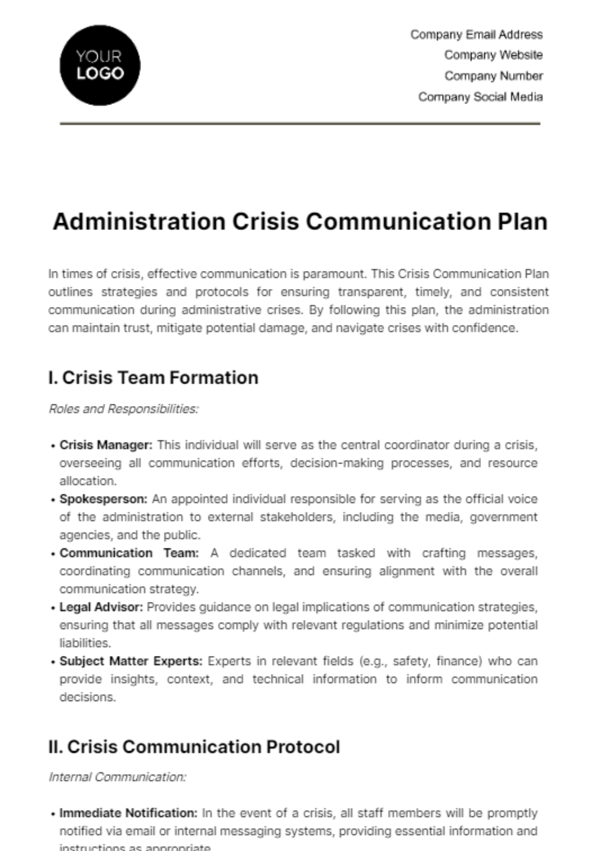 Administration Crisis Communication Plan Template - Edit Online & Download