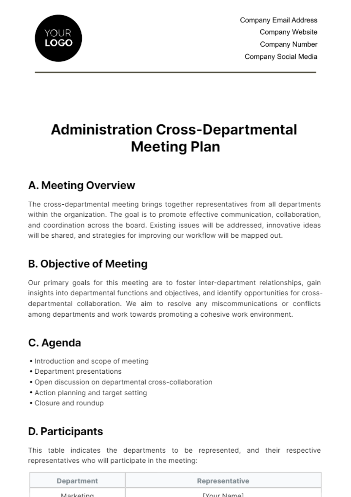 Administration Cross-Departmental Meeting Plan Template - Edit Online & Download