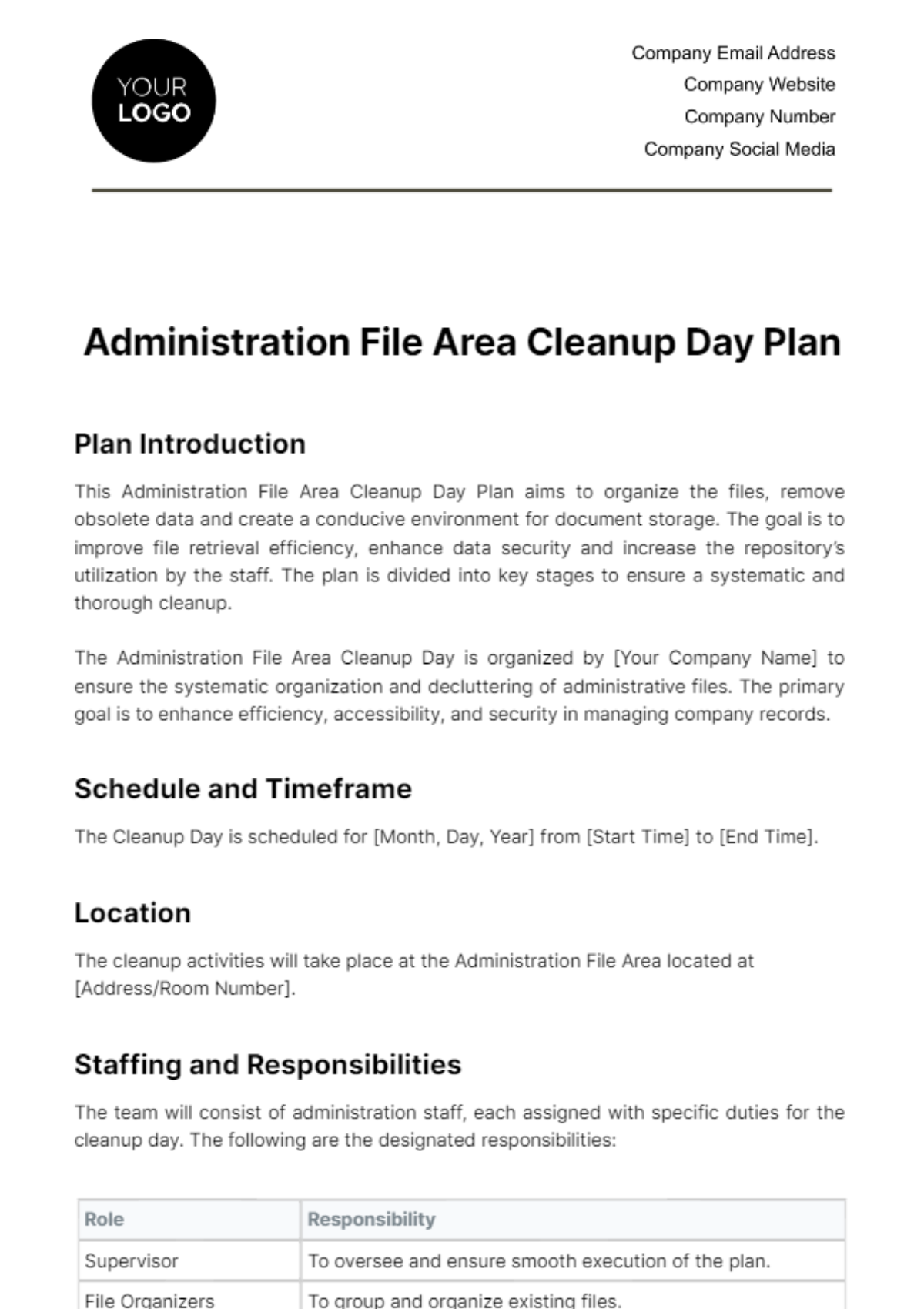 Administration File Area Cleanup Day Plan Template - Edit Online & Download