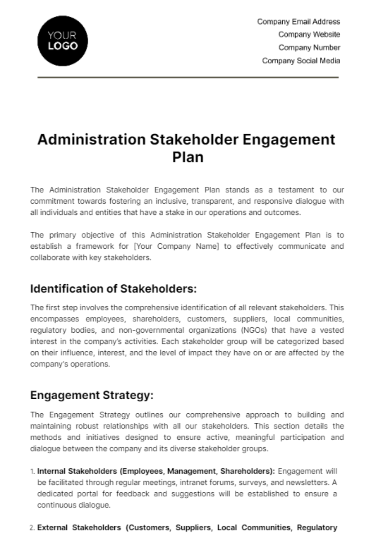 Administration Stakeholder Engagement Plan Template - Edit Online & Download