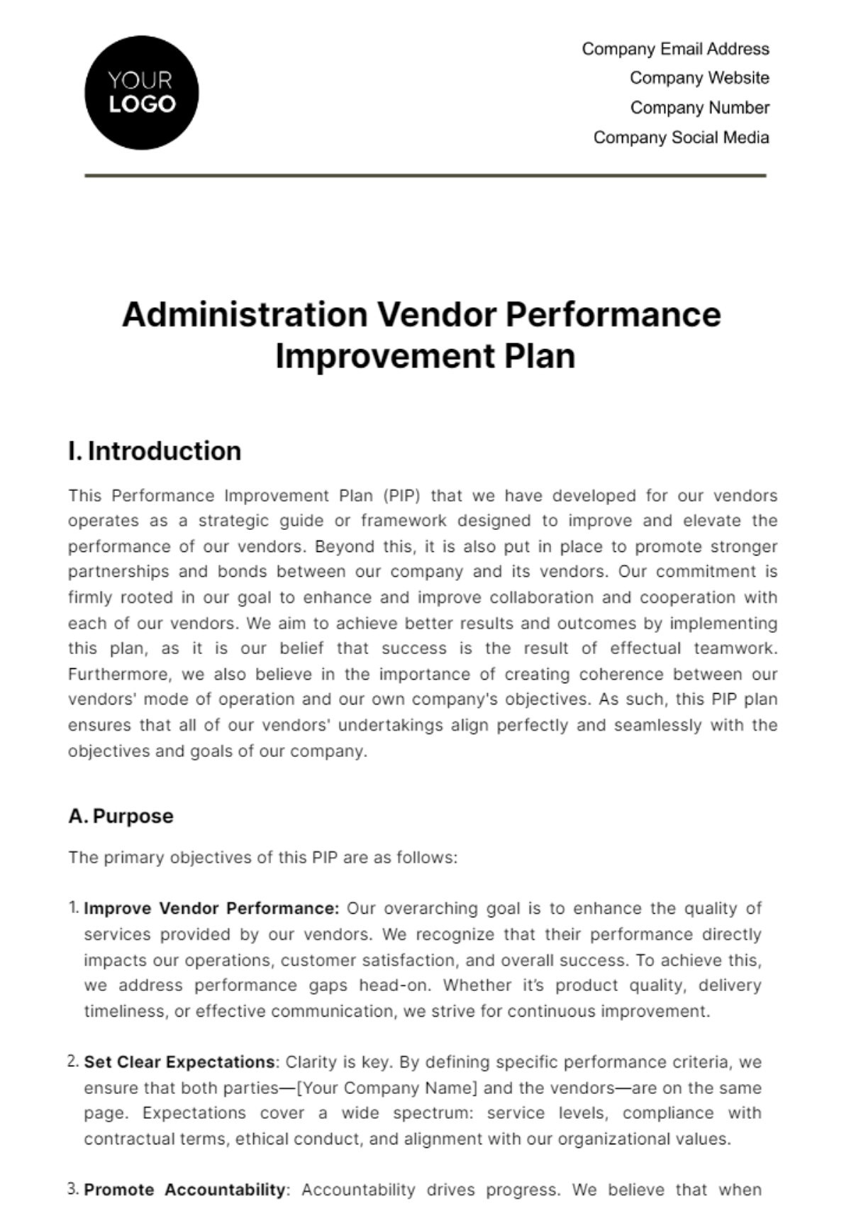 Administration Vendor Performance Improvement Plan Template - Edit Online & Download