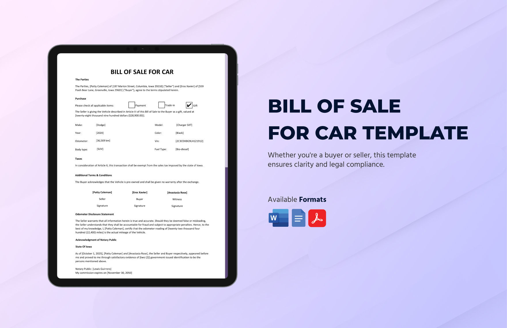 Bill of Sale For Car Template in Google Docs, Word, PDF - Download | Template.net