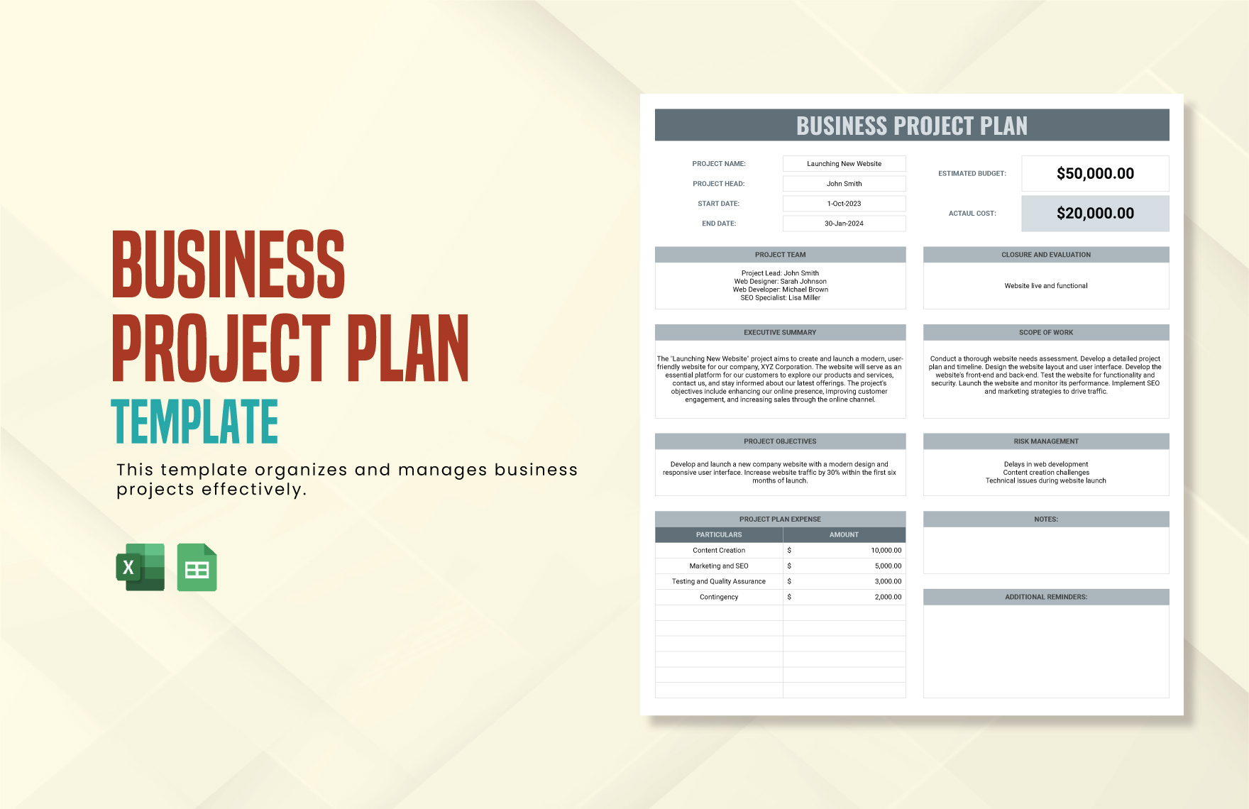 Business Project Plan Template in Google Sheets, Excel - Download | Template.net
