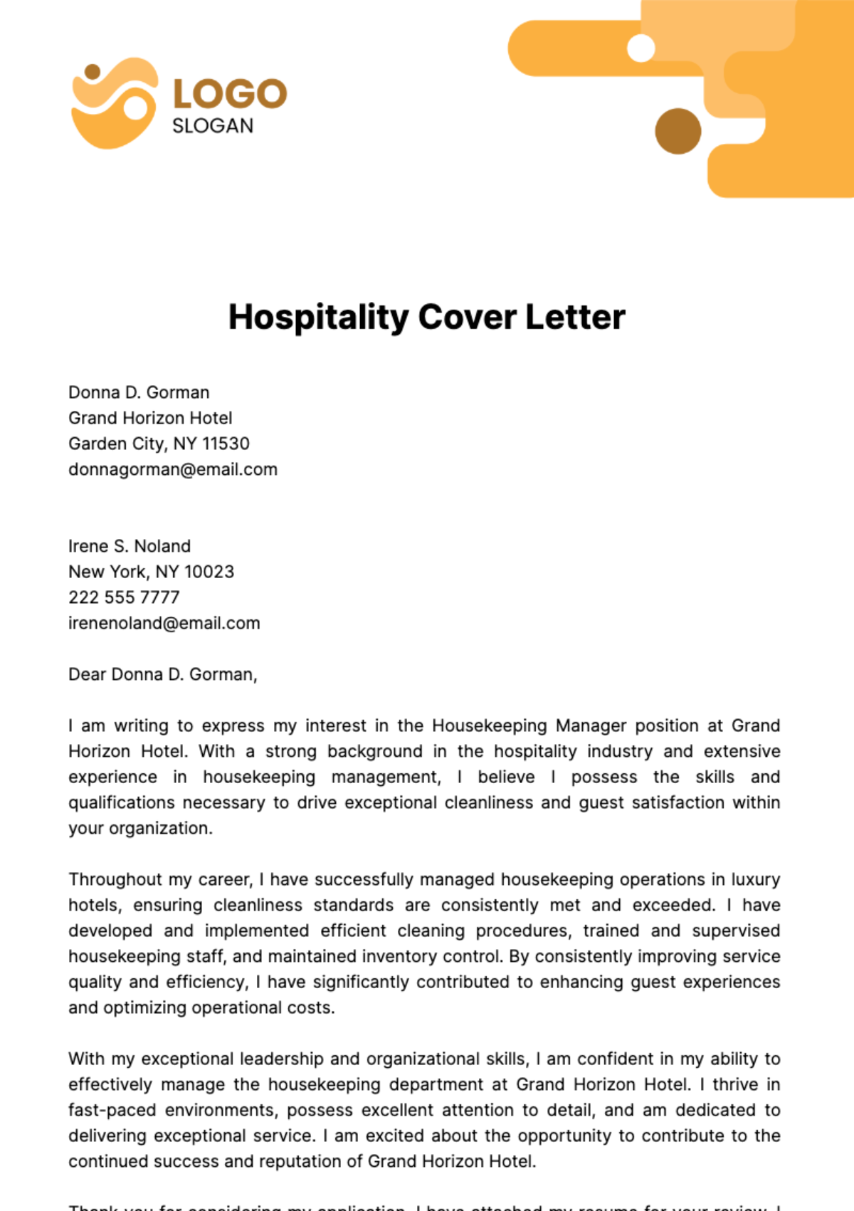 Hospitality Cover Letter  Template - Edit Online & Download