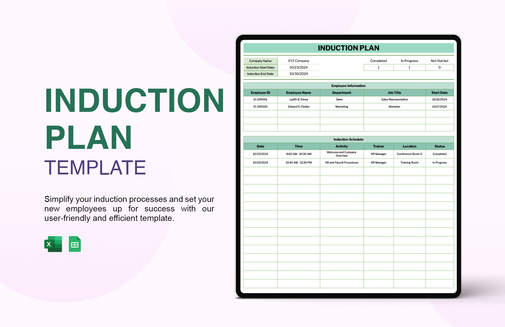 Induction Plan Template in Excel, Google Sheets - Download | Template.net