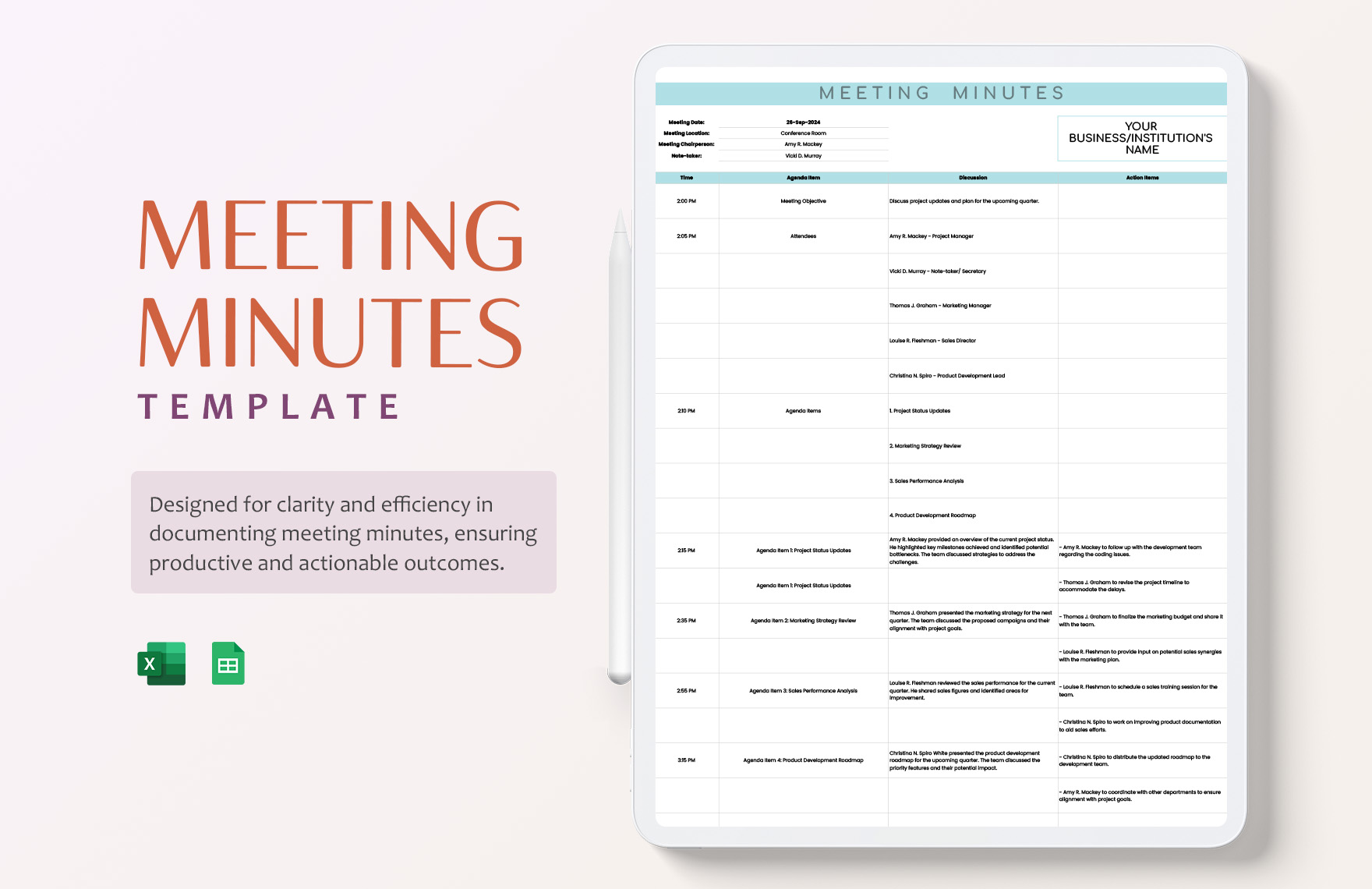 Meeting Minutes Template in Excel, Google Sheets - Download | Template.net