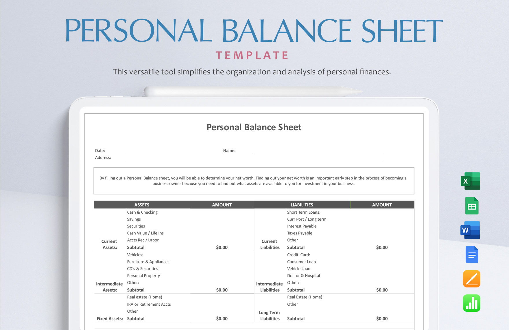 Personal Balance Sheet Template in Google Docs, Pages, Word, Apple Numbers, Excel, Google Sheets - Download | Template.net