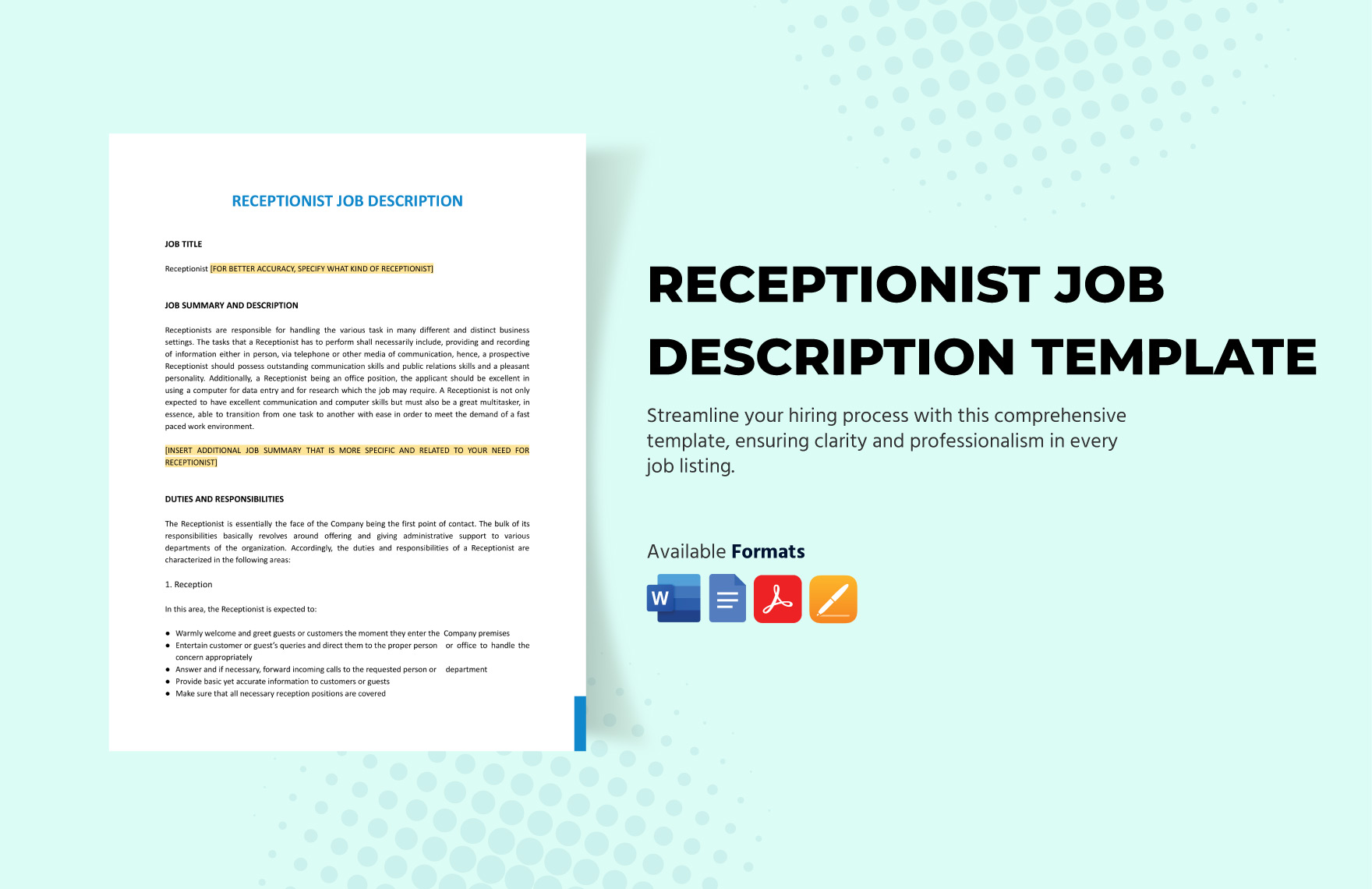 Receptionist Job Description in Google Docs, Word, Pages, PDF - Download | Template.net
