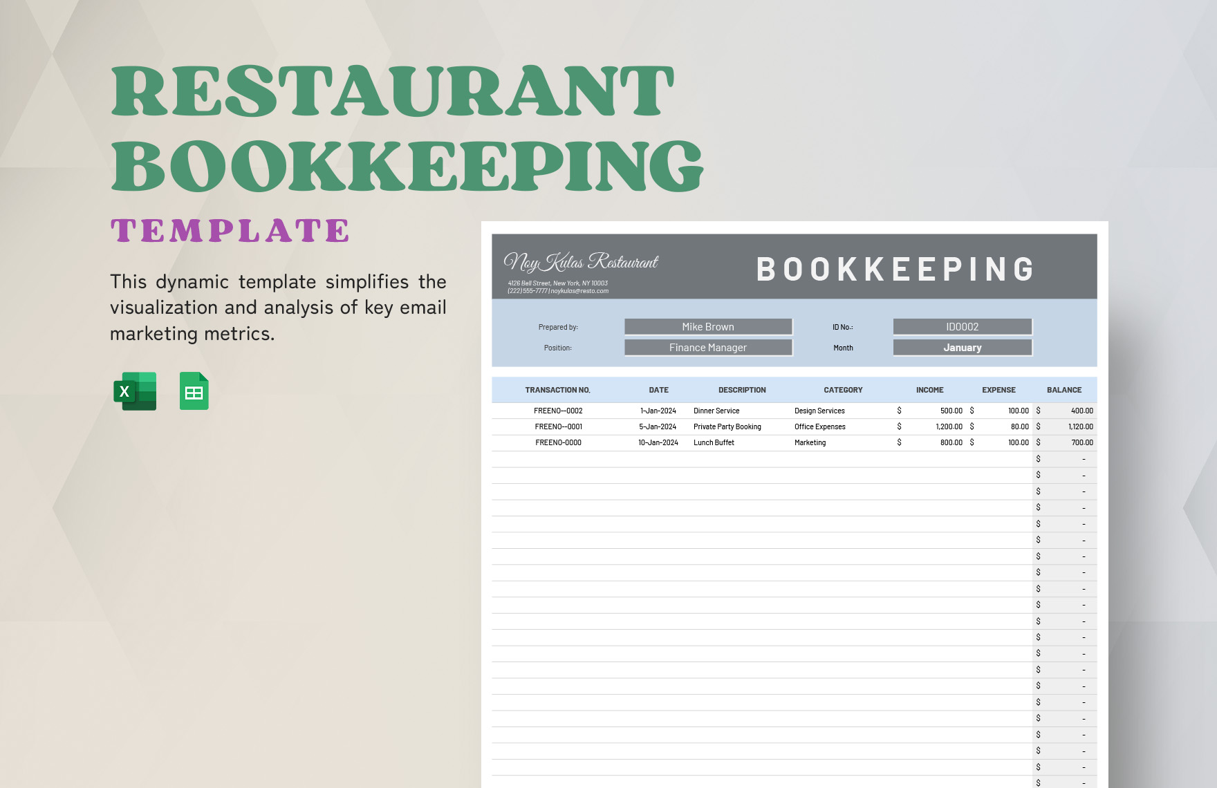 Restaurant Bookkeeping Template in Excel, Google Sheets - Download | Template.net