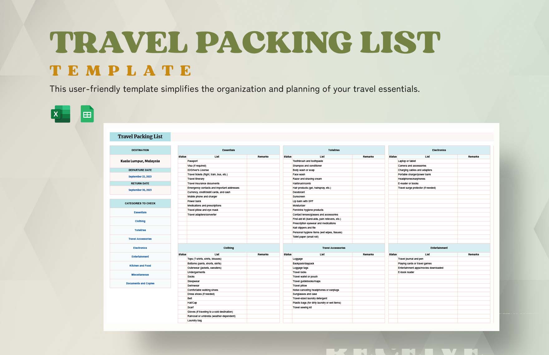 Travel Packing List Template in Excel, Google Sheets - Download | Template.net