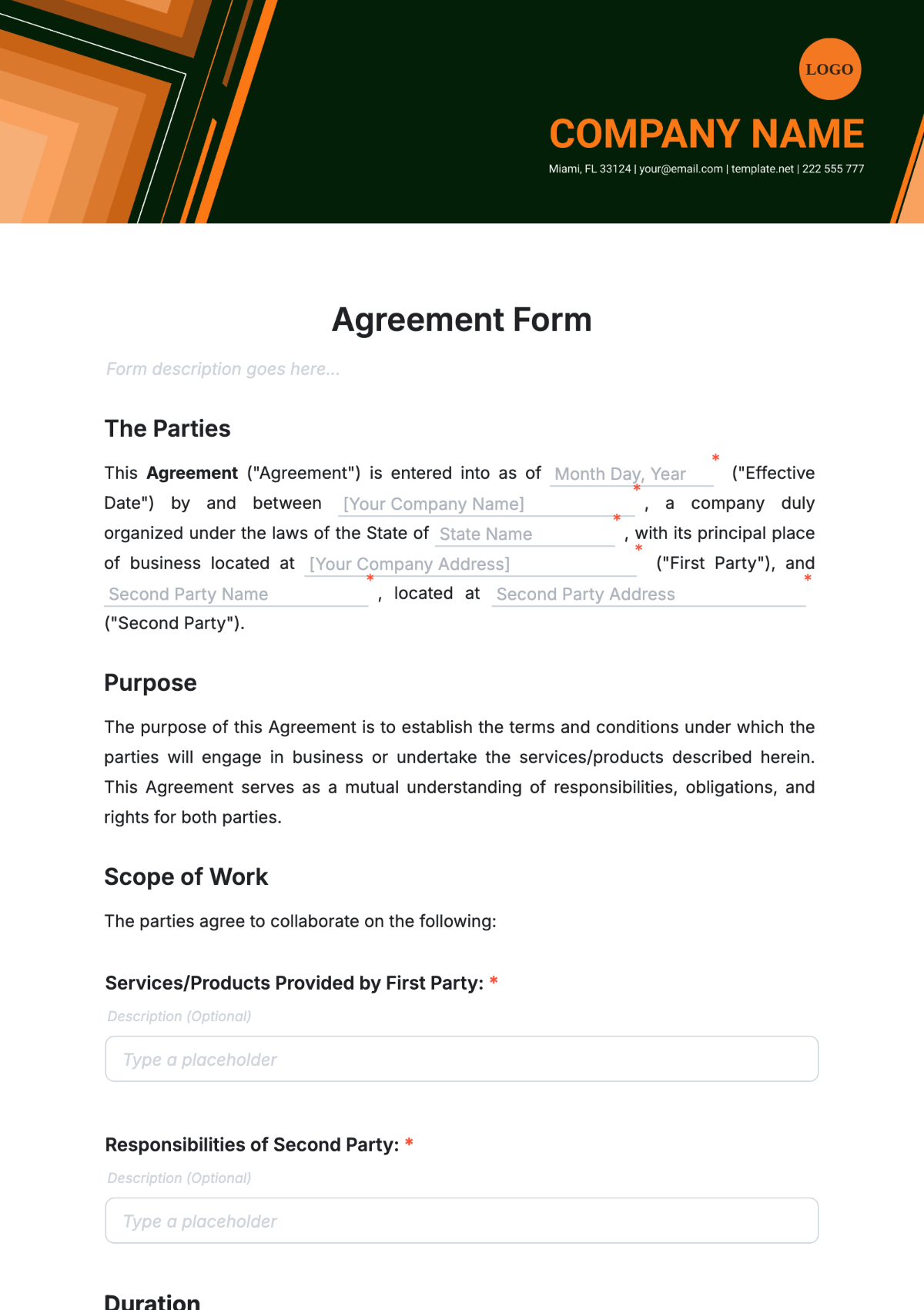 Agreement Form Template - Edit Online & Download