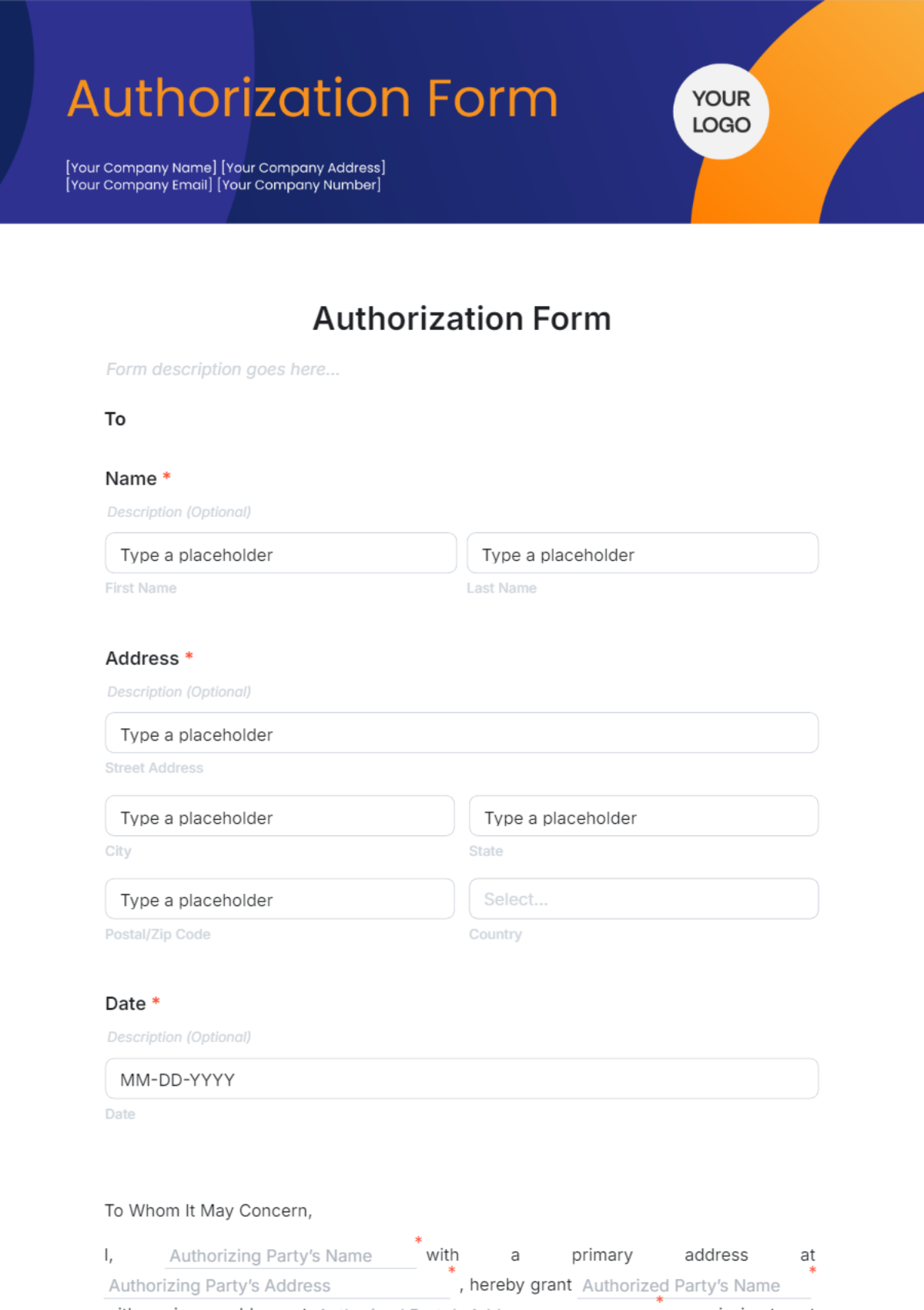 Authorization Form Template - Edit Online & Download