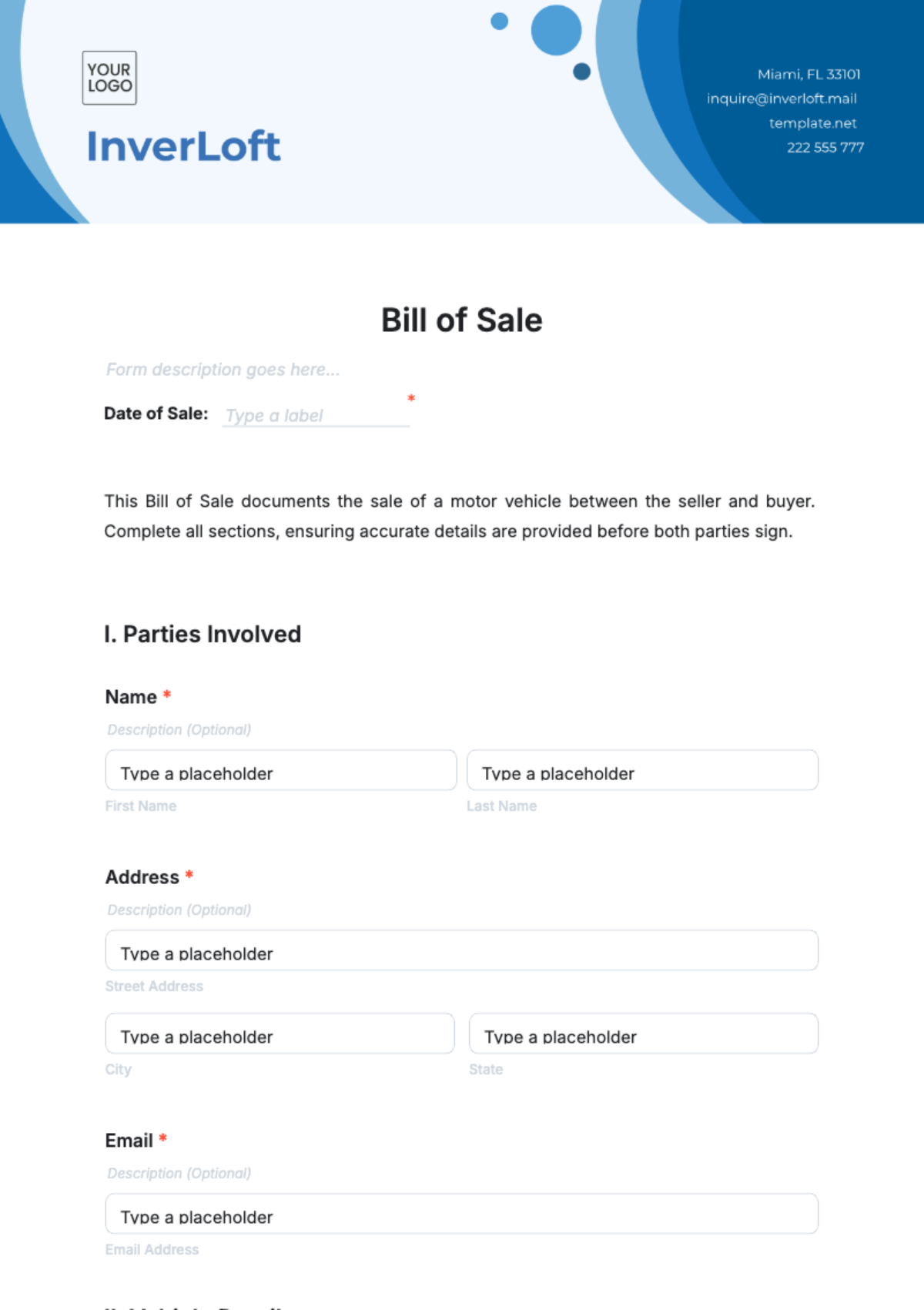 Bill of Sale Form Template - Edit Online & Download