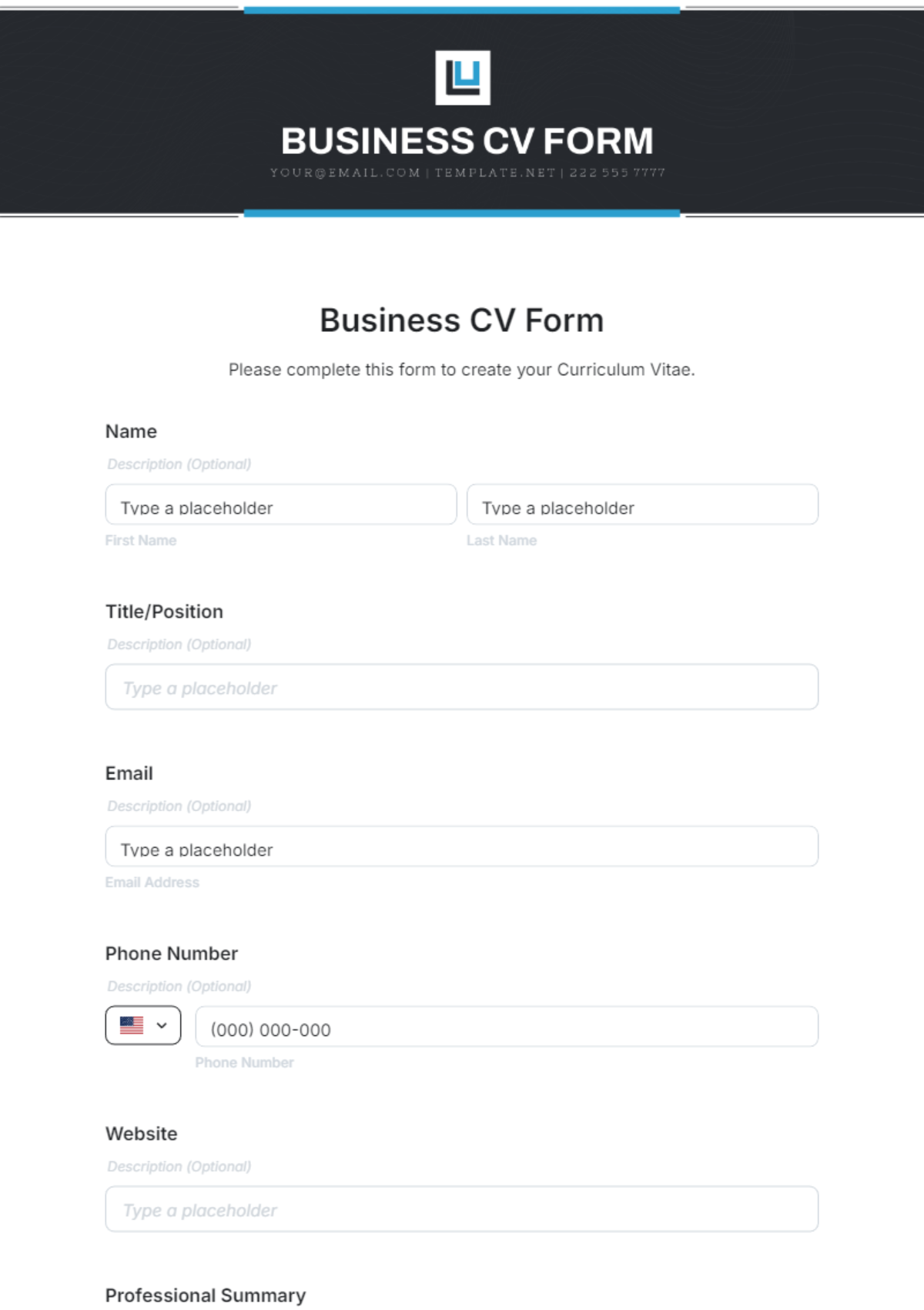 Business CV Form Template - Edit Online & Download