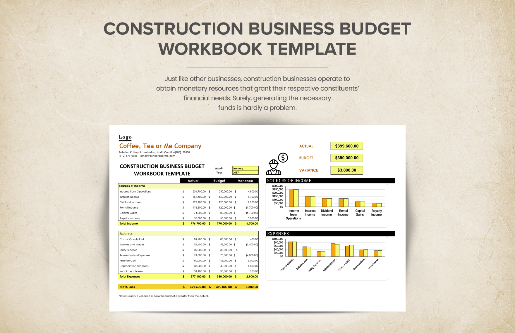 Construction Business Budget Workbook Template in Apple Numbers, Pages, Excel, Google Sheets, Word, PDF, Google Docs - Download | Template.net