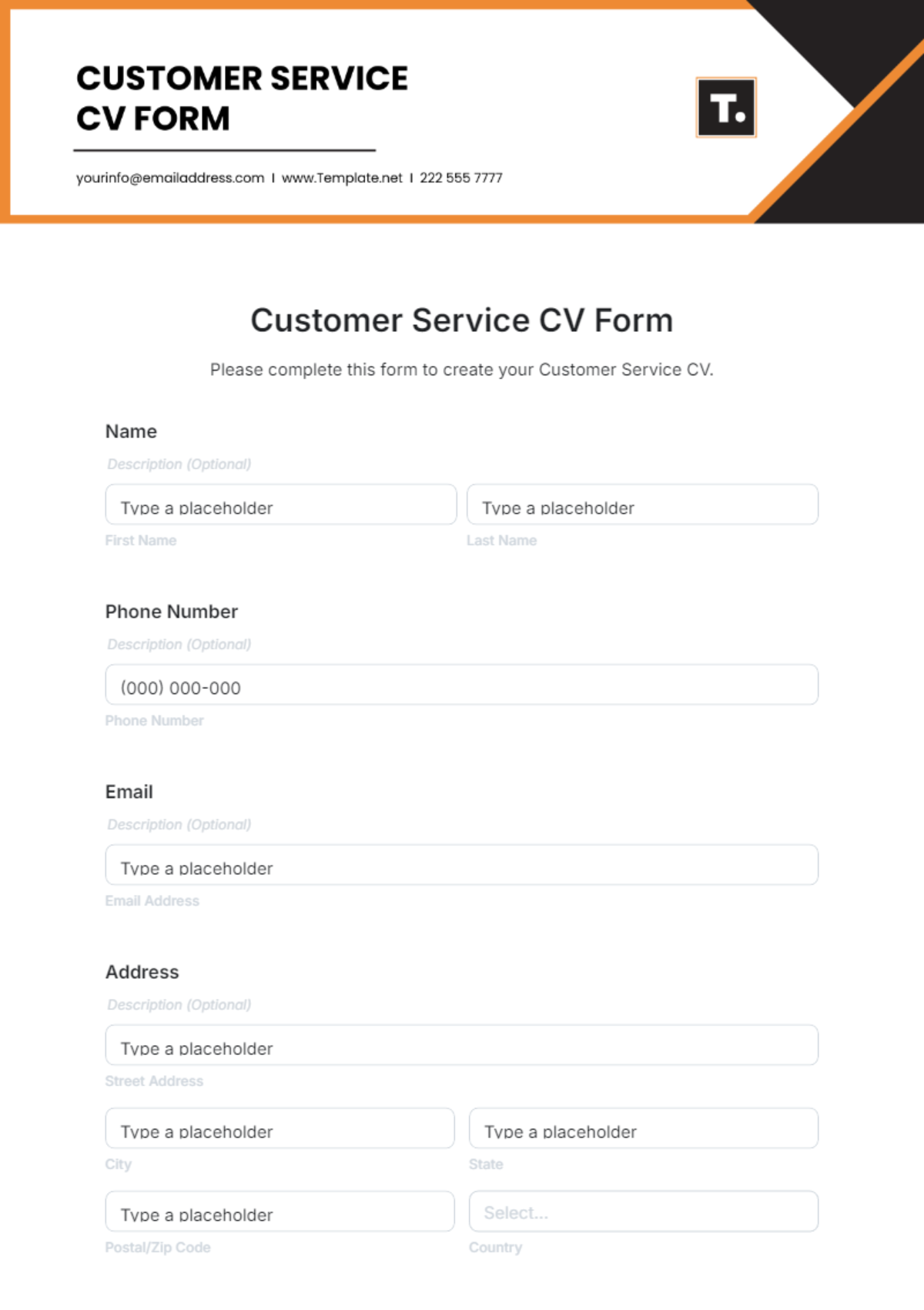Customer Service CV Form Template - Edit Online & Download