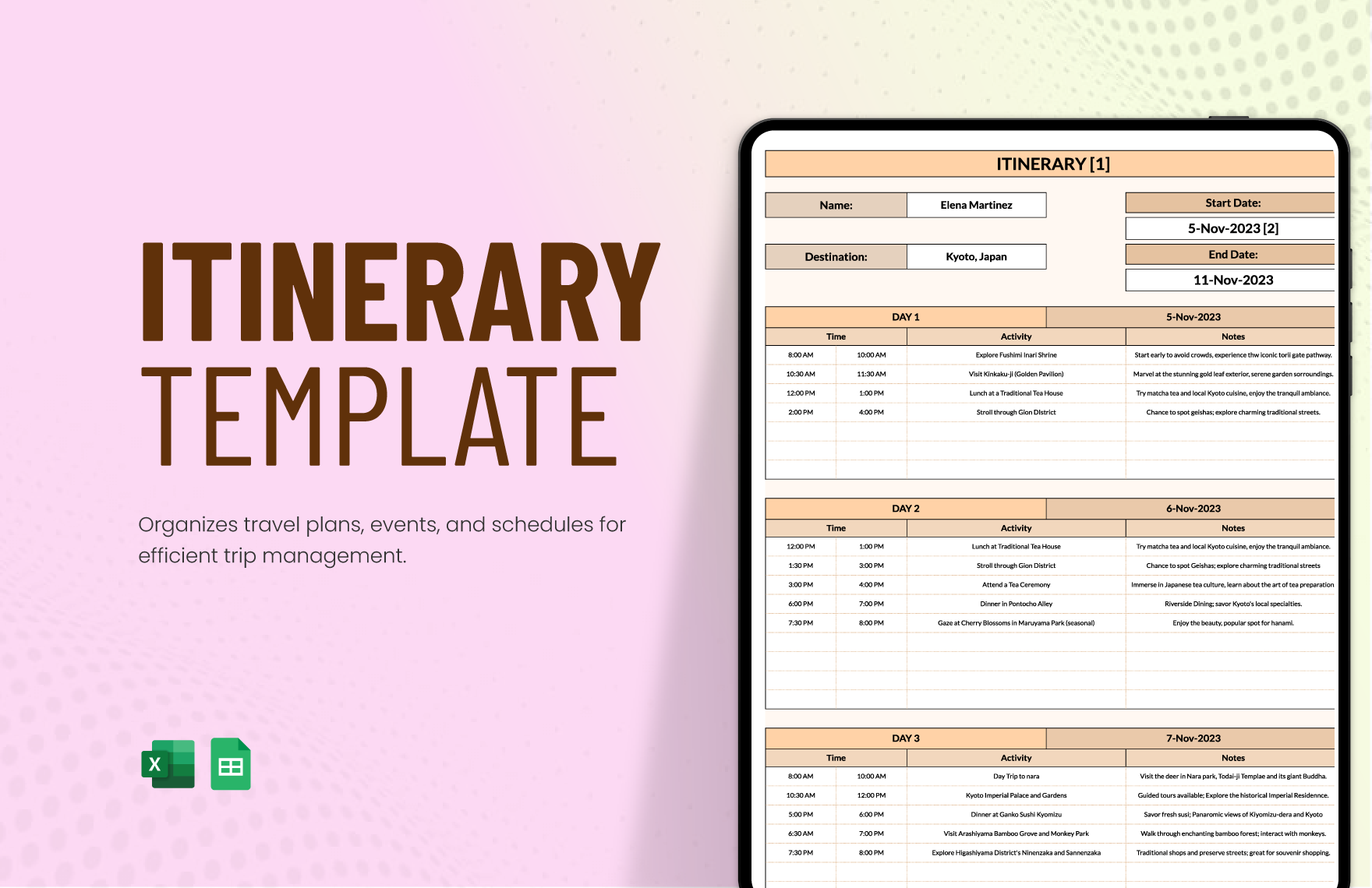 Itinerary Template in Excel, Google Sheets - Download | Template.net