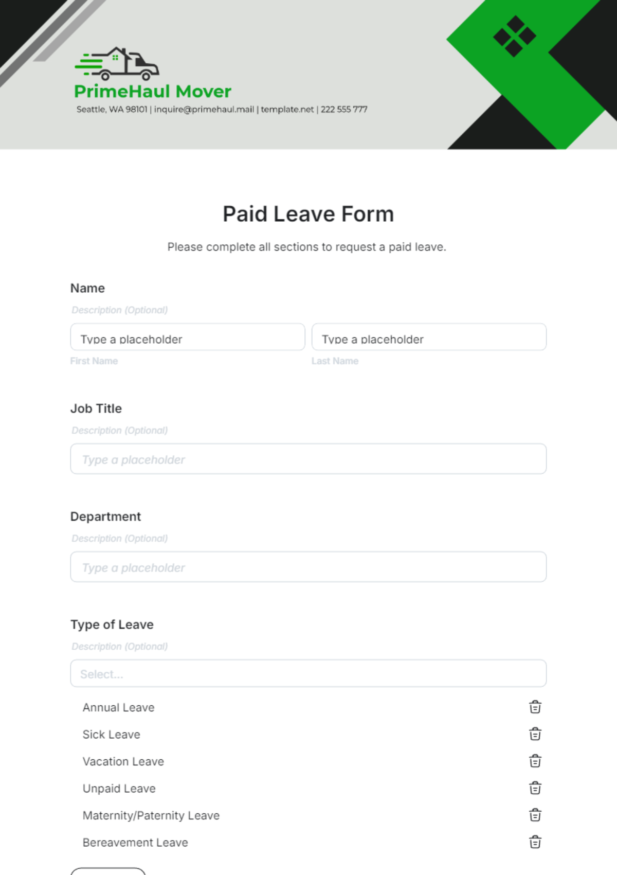 Paid Leave Form Template - Edit Online & Download