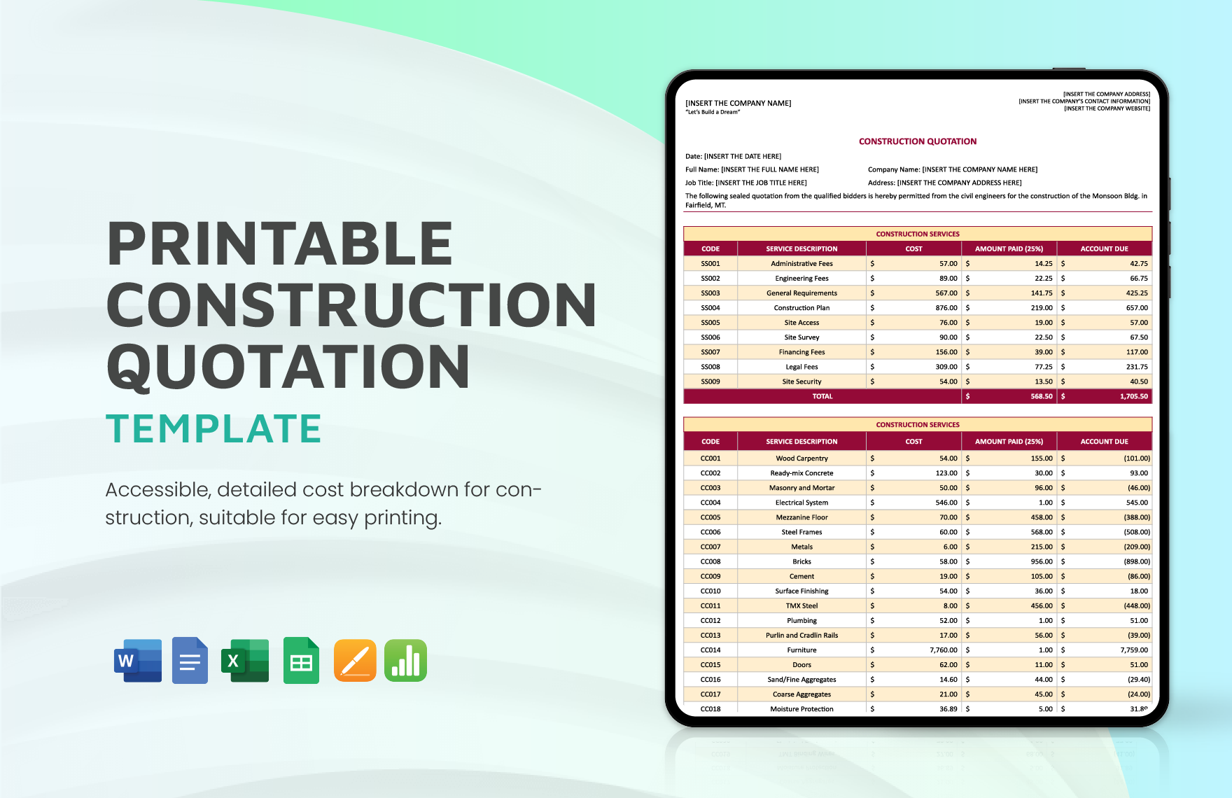 Printable Construction Quotation Template in Google Docs, Apple Numbers, Pages, Word, Excel, Google Sheets - Download | Template.net