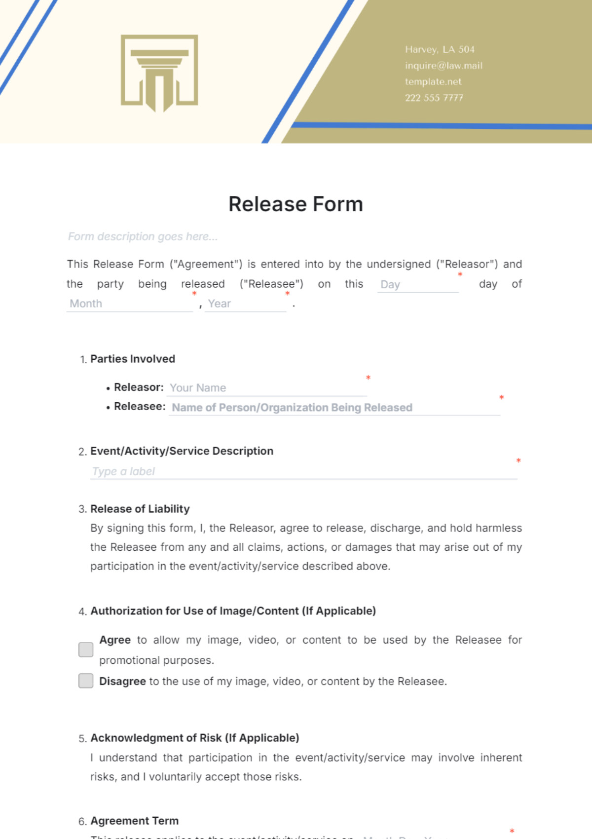 Release Form Template - Edit Online & Download