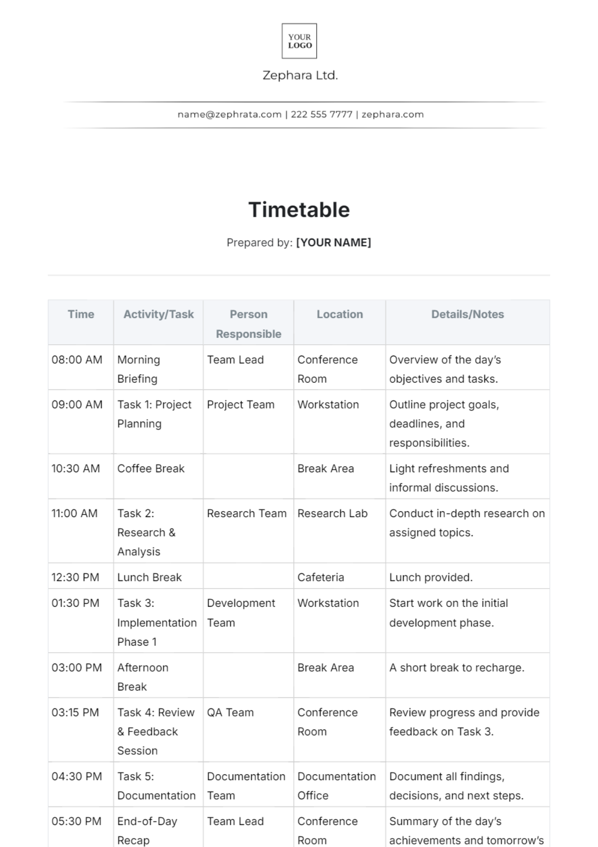 Timetable Template - Edit Online & Download
